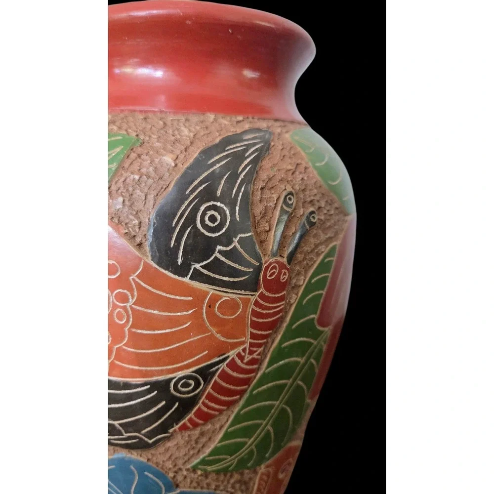Nicaragua Clay Pottery Vase Handmade Carved Butterflies Tropical Textured Raised